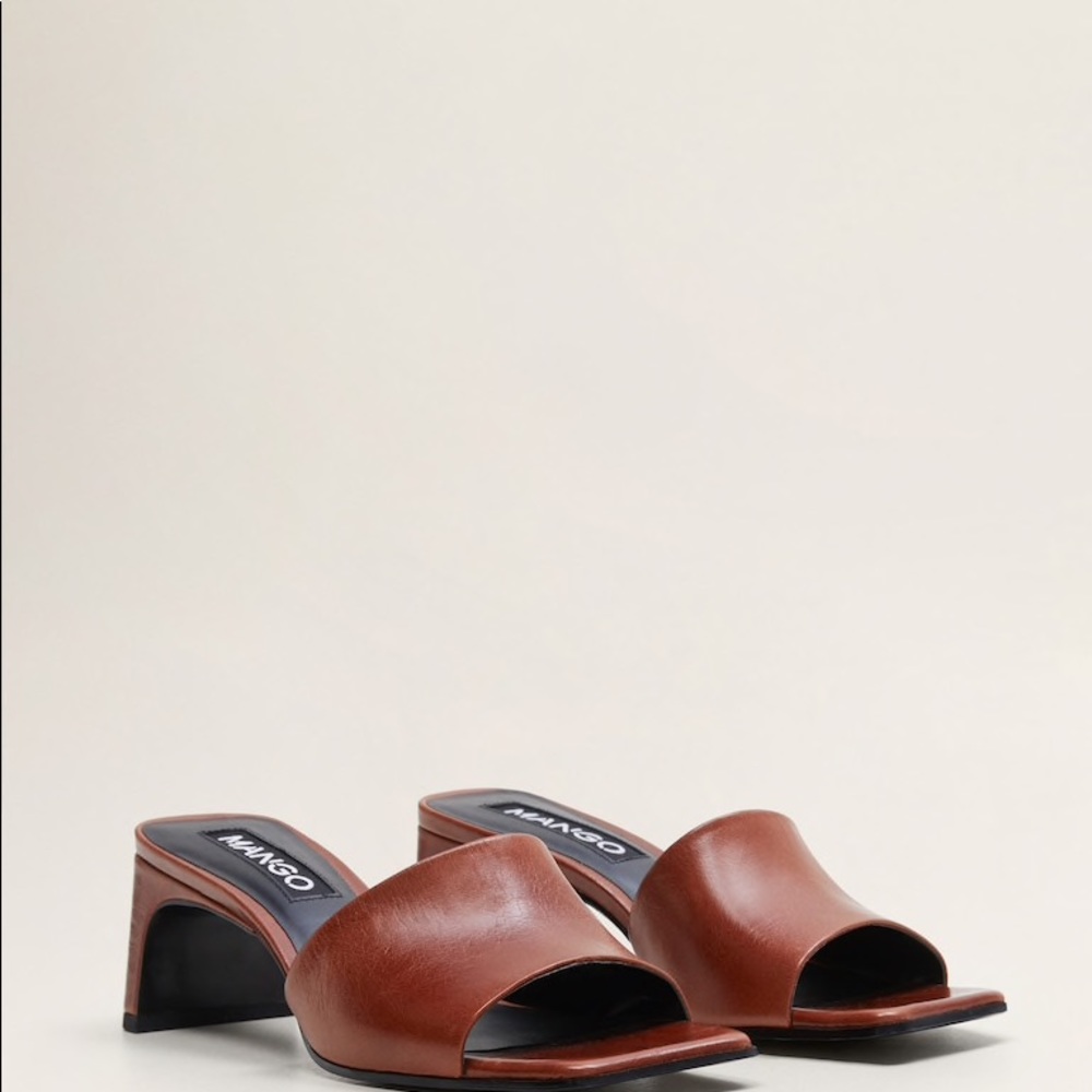 MANGO - Cognac Leather Square Toe Heeled Sandals - Picture 3 of 4